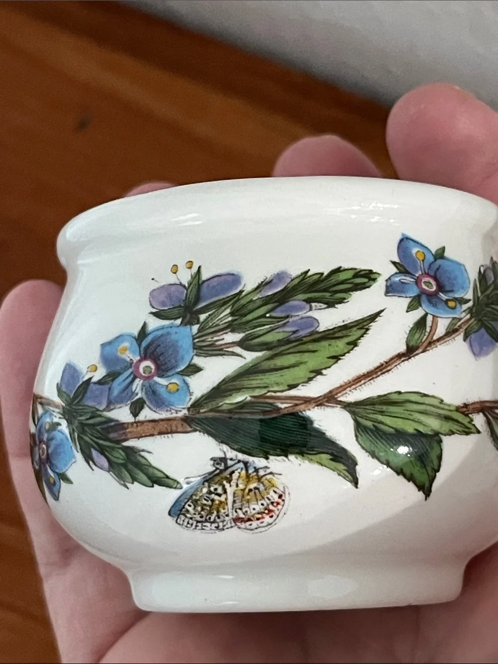 Portmeirion VTG Mustard Pot Blue Floral Ceramic Honey Pot with Wooden Spoon